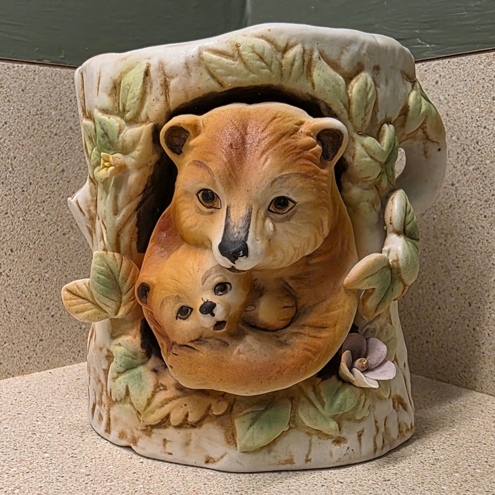 Enesco Roth 1979 Bear Planter Vase E-3020 Brown Tan Vintage Woodland 3D Relief